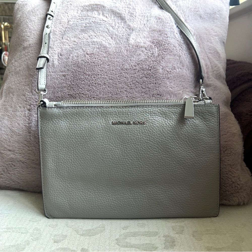 Michael Kors Adele Double Zip Gray Leather Crossbody Bag